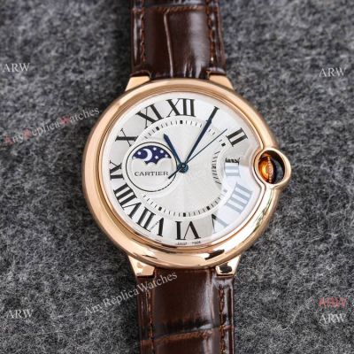 Swiss Quality Cartier Ballon Bleu Moonphase Watch Rose Gold Leather Strap 42mm